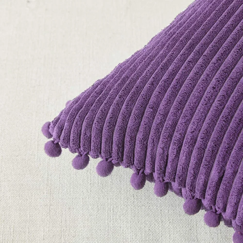 Purple Corduroy Luxury Farmhouse Velvet Pompom Cute Throw Pillow Cover/CaseSet
